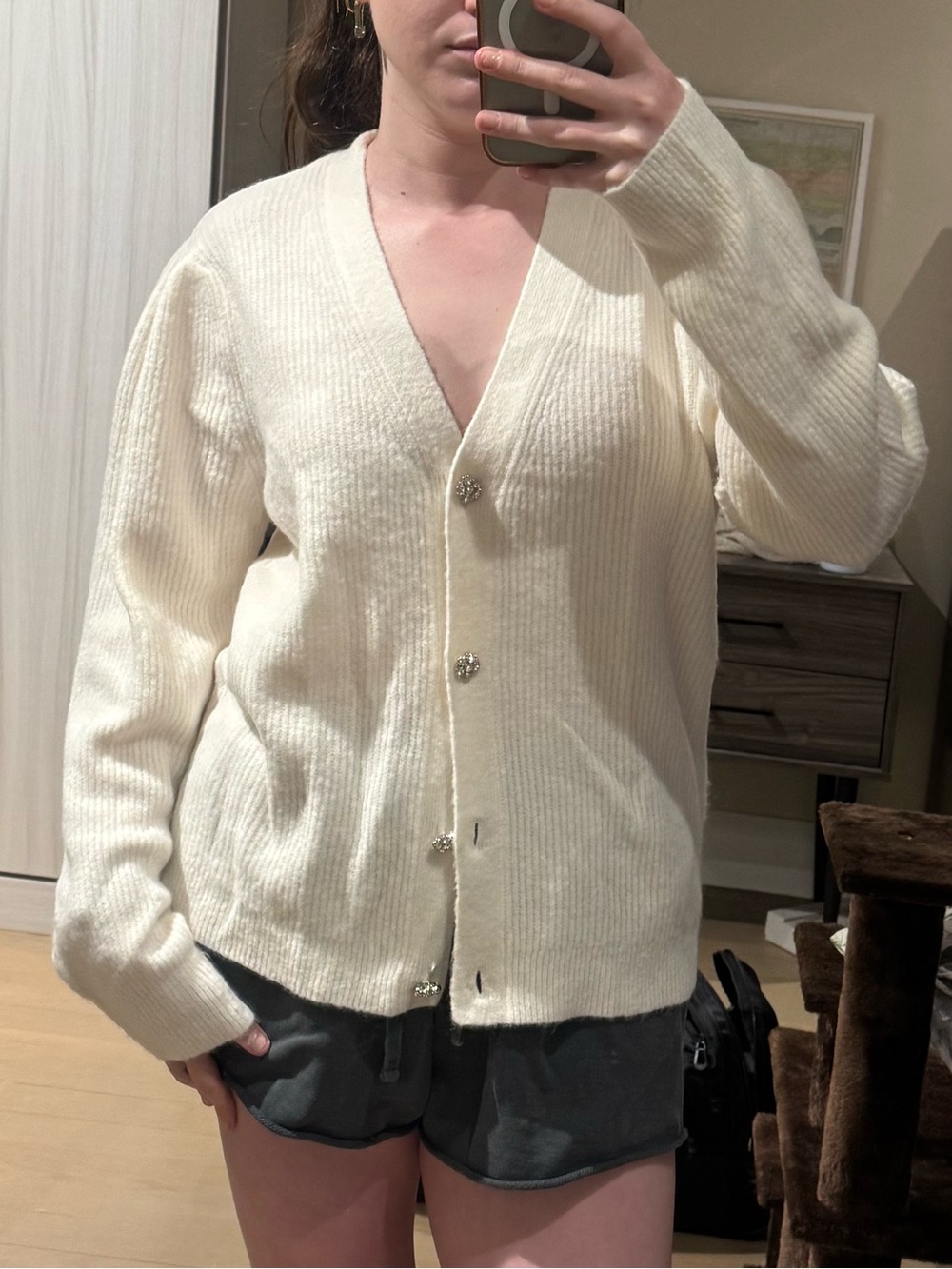 LOFT Cream V-Neck Button Cardigan